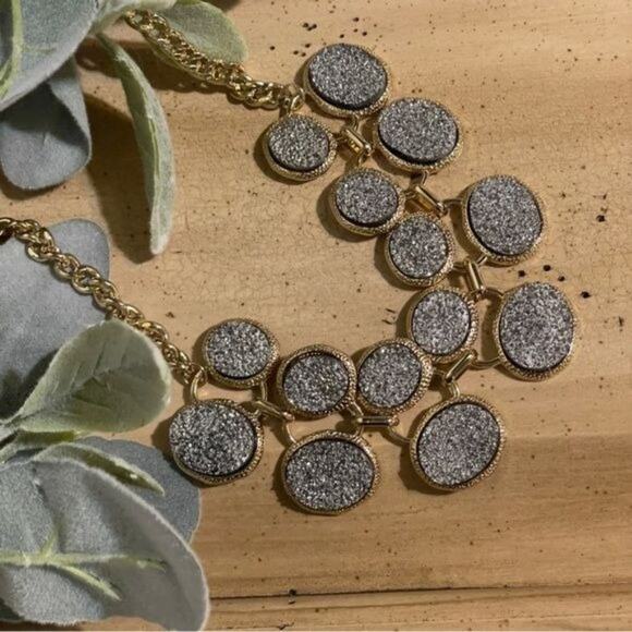 Apt. 9 Gold Tone Statement Necklace Two Rows of Druzy Shimmering Disc - Picture 1 of 14